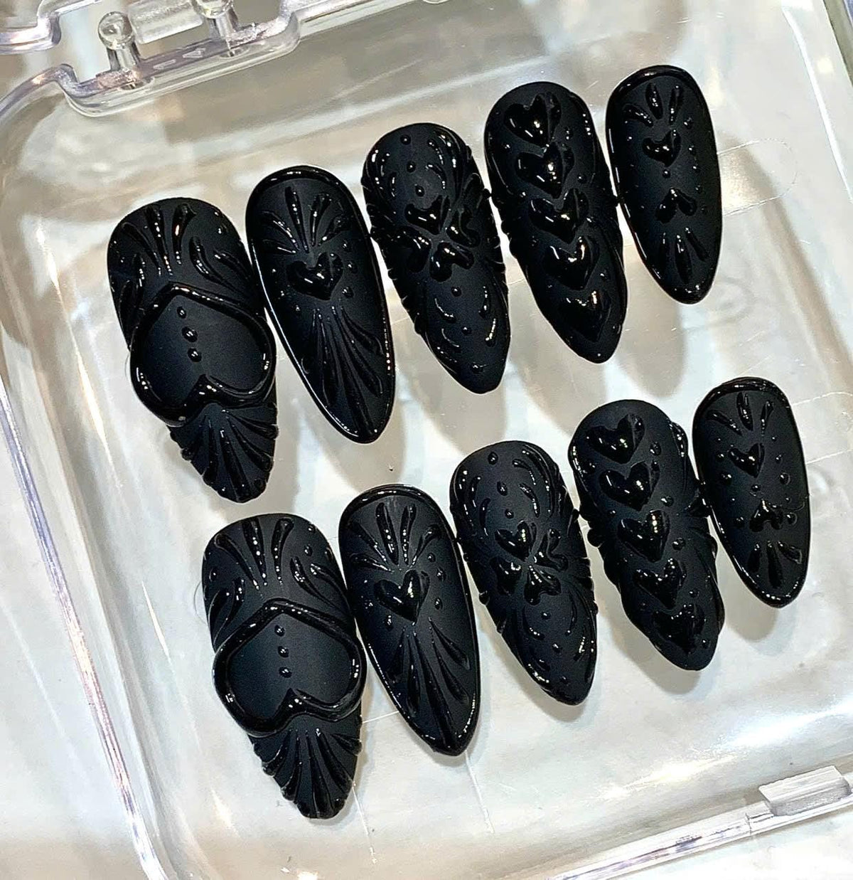 Black Gothic Press On Nails | 3D Heart, Baroque Stiletto
