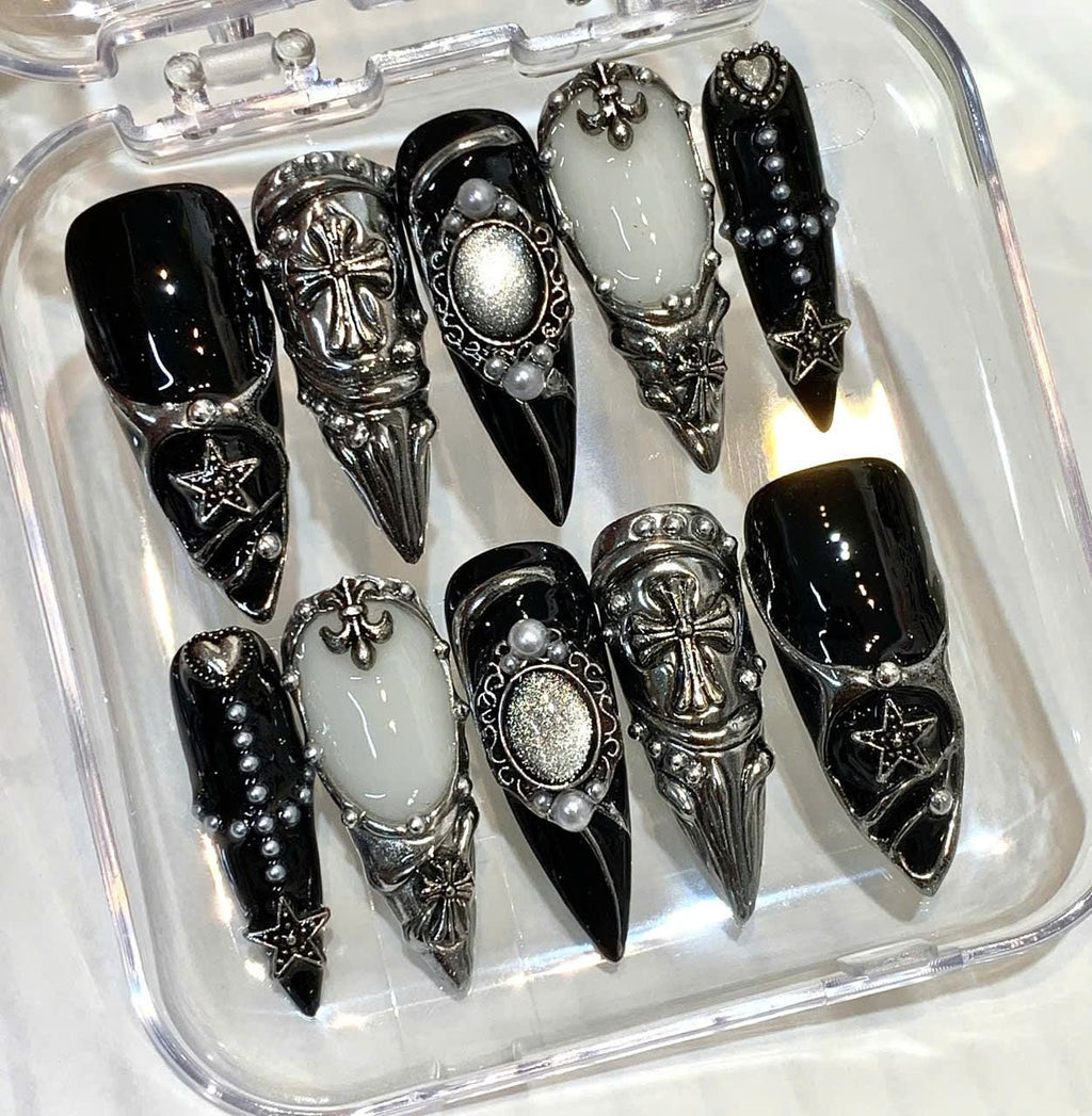 Gothic 3D Cross Press On Nails: Dark Chrome Star Nail Art