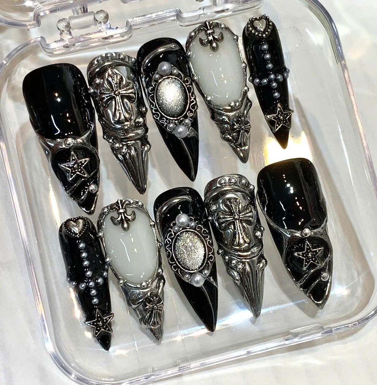 Gothic 3D Cross Press On Nails: Dark Chrome Star Nail Art