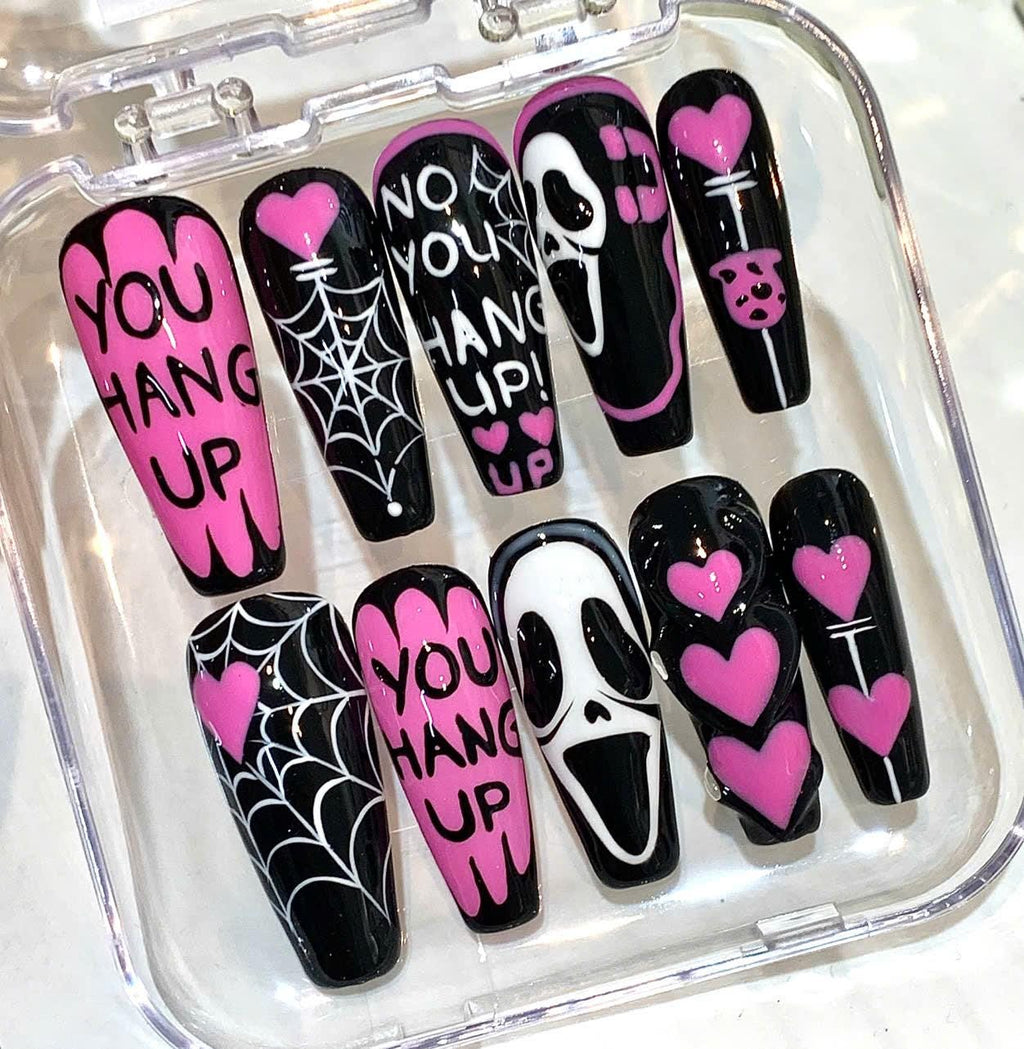 Horror Scream Press On Nails: Pink Black Spooky Spider Web Nail Art