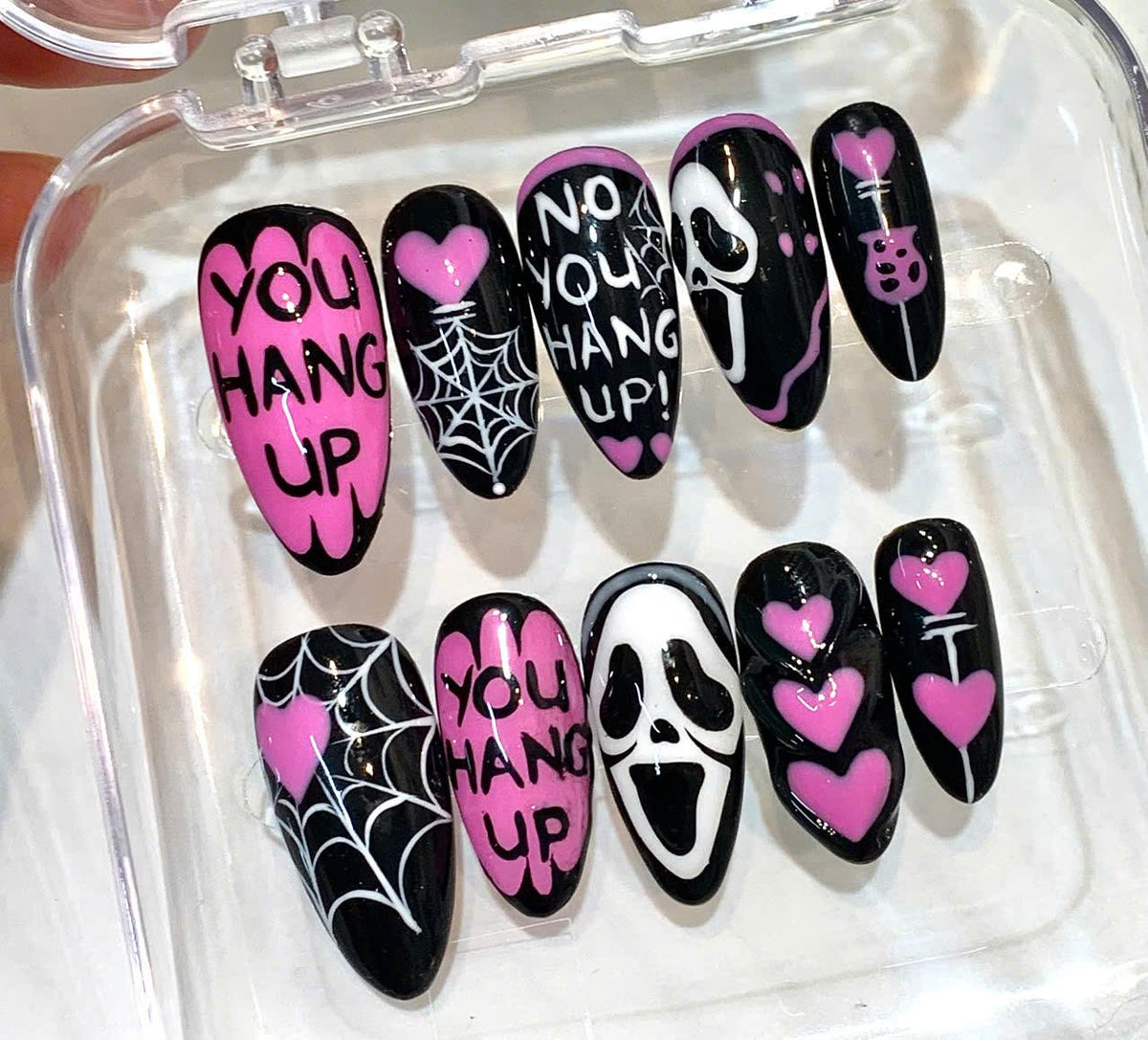 Horror Scream Press On Nails: Pink Black Spooky Spider Web Nail Art