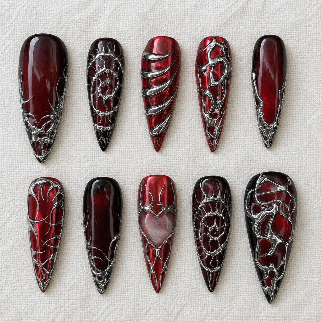 Gothic Red Press On Nails, Silver Chrome 3D Nails, Dark Romantic Y2K Nail Art
