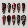 Gothic Red Press On Nails, Silver Chrome 3D Nails, Dark Romantic Y2K Nail Art