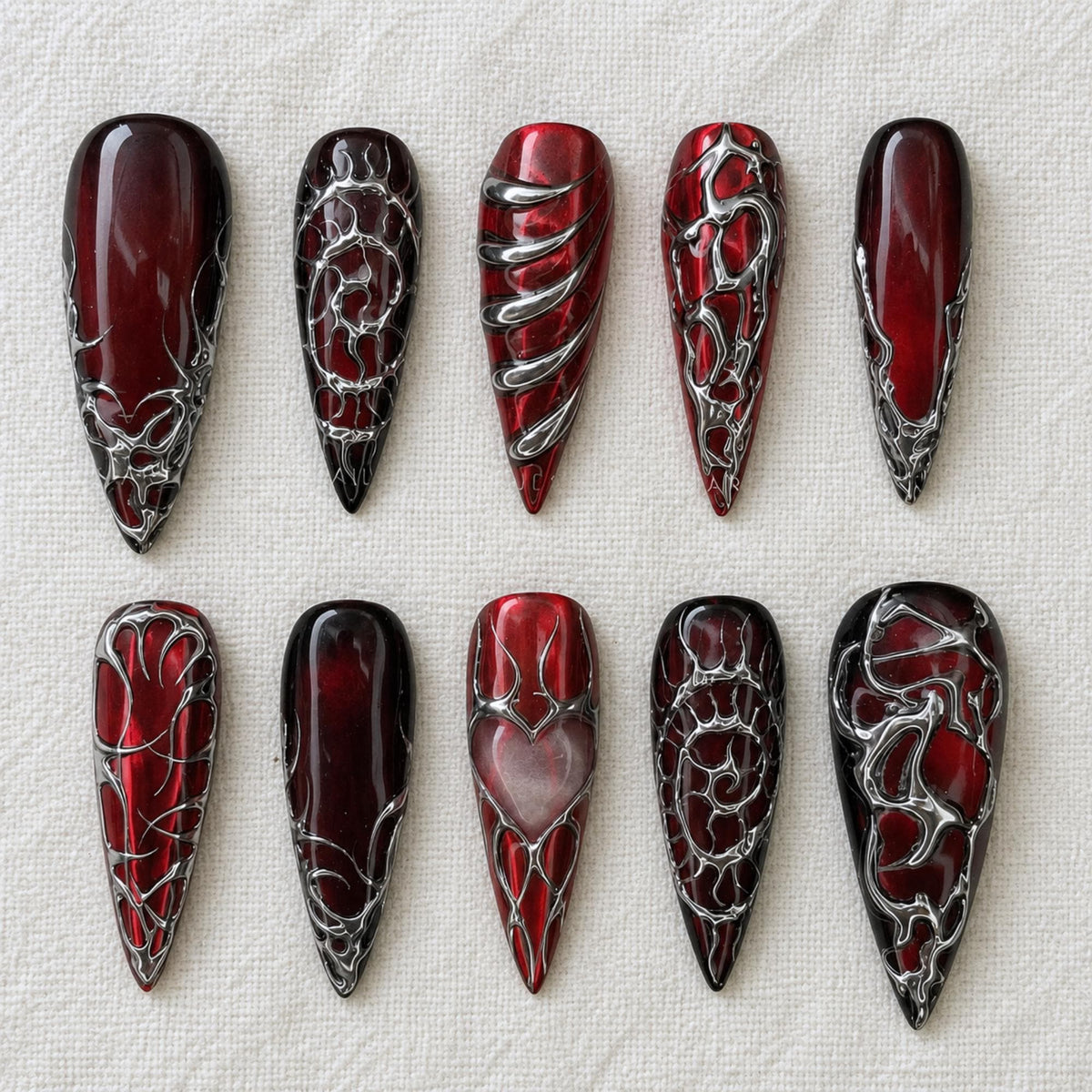 Gothic Red Press On Nails, Silver Chrome 3D Nails, Dark Romantic Y2K Nail Art