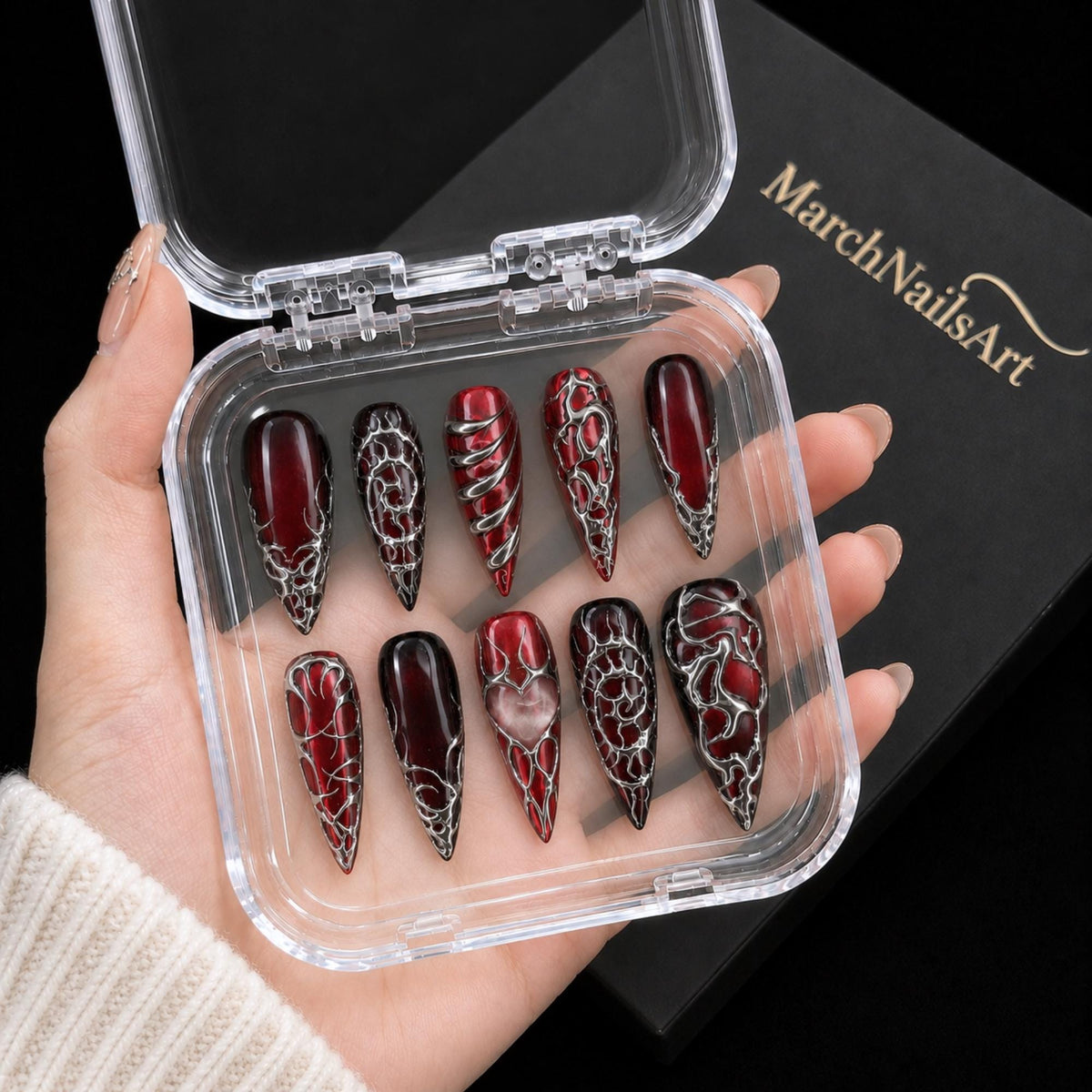 Gothic Red Press On Nails, Silver Chrome 3D Nails, Dark Romantic Y2K Nail Art