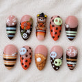 Kawaii Halloween Press On Nails, 3D Bear Pumpkin Striped Nails, Cute Holiday Nail Art