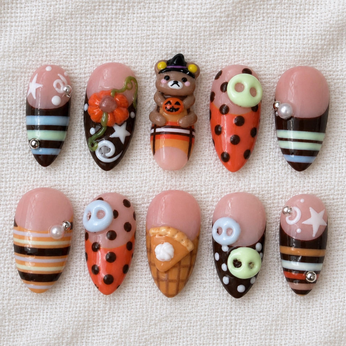 Kawaii Halloween Press On Nails, 3D Bear Pumpkin Striped Nails, Cute Holiday Nail Art