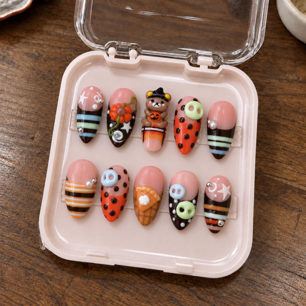 Kawaii Halloween Press On Nails, 3D Bear Pumpkin Striped Nails, Cute Holiday Nail Art