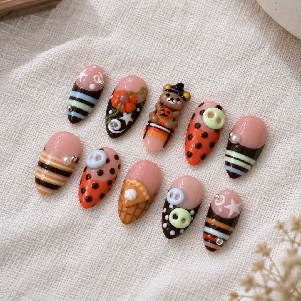 Kawaii Halloween Press On Nails, 3D Bear Pumpkin Striped Nails, Cute Holiday Nail Art