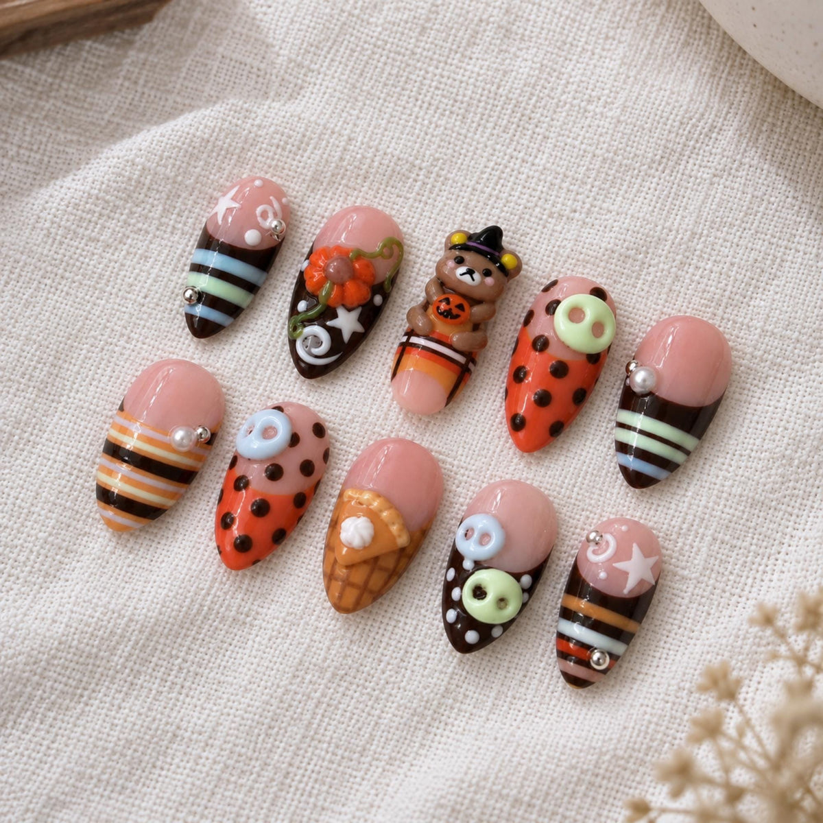 Kawaii Halloween Press On Nails, 3D Bear Pumpkin Striped Nails, Cute Holiday Nail Art
