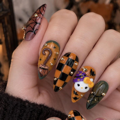Spooky Halloween Press On Nails, 3D Kitty Pumpkin Witch Nails, Cosplay Creepy Cute Nails