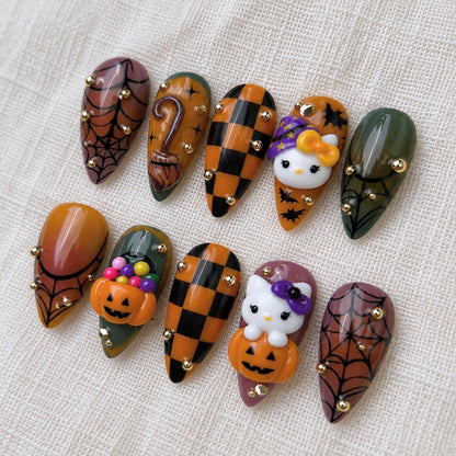 Spooky Halloween Press On Nails, 3D Kitty Pumpkin Witch Nails, Cosplay Creepy Cute Nails