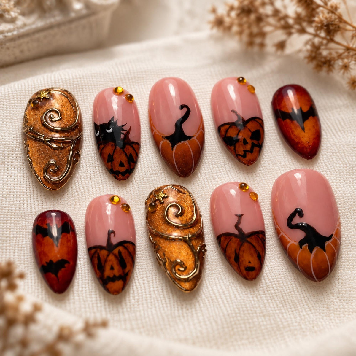 Amber Halloween Press On Nails, Pumpkin Black Cat Nails, Gold Gothic Nail Art