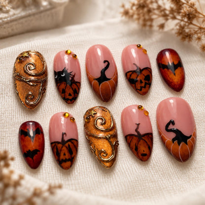 Amber Halloween Press On Nails, Pumpkin Black Cat Nails, Gold Gothic Nail Art