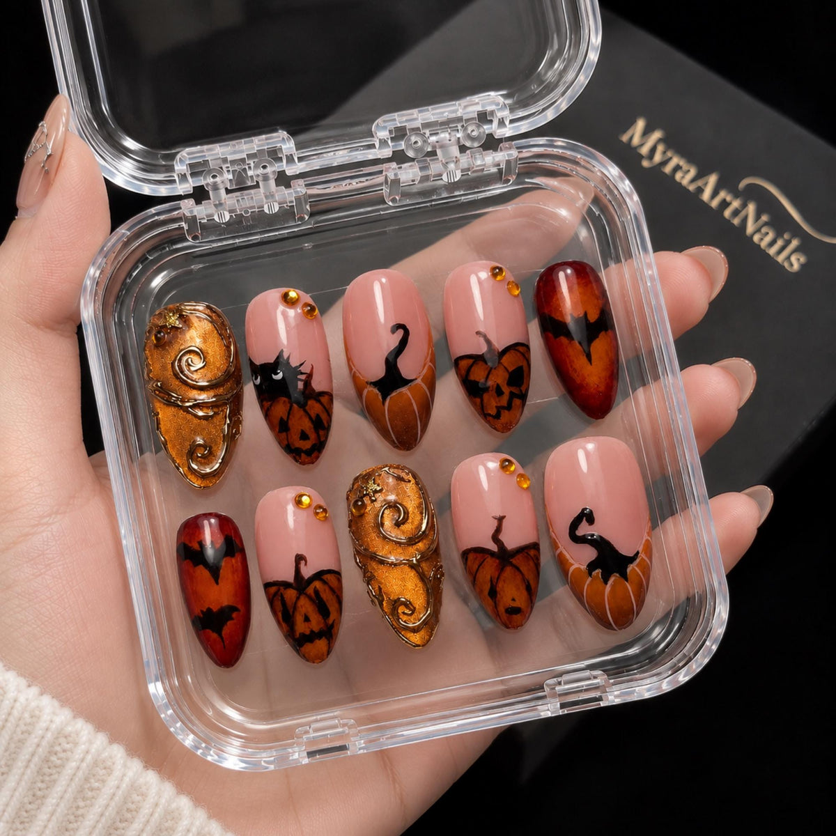 Amber Halloween Press On Nails, Pumpkin Black Cat Nails, Gold Gothic Nail Art