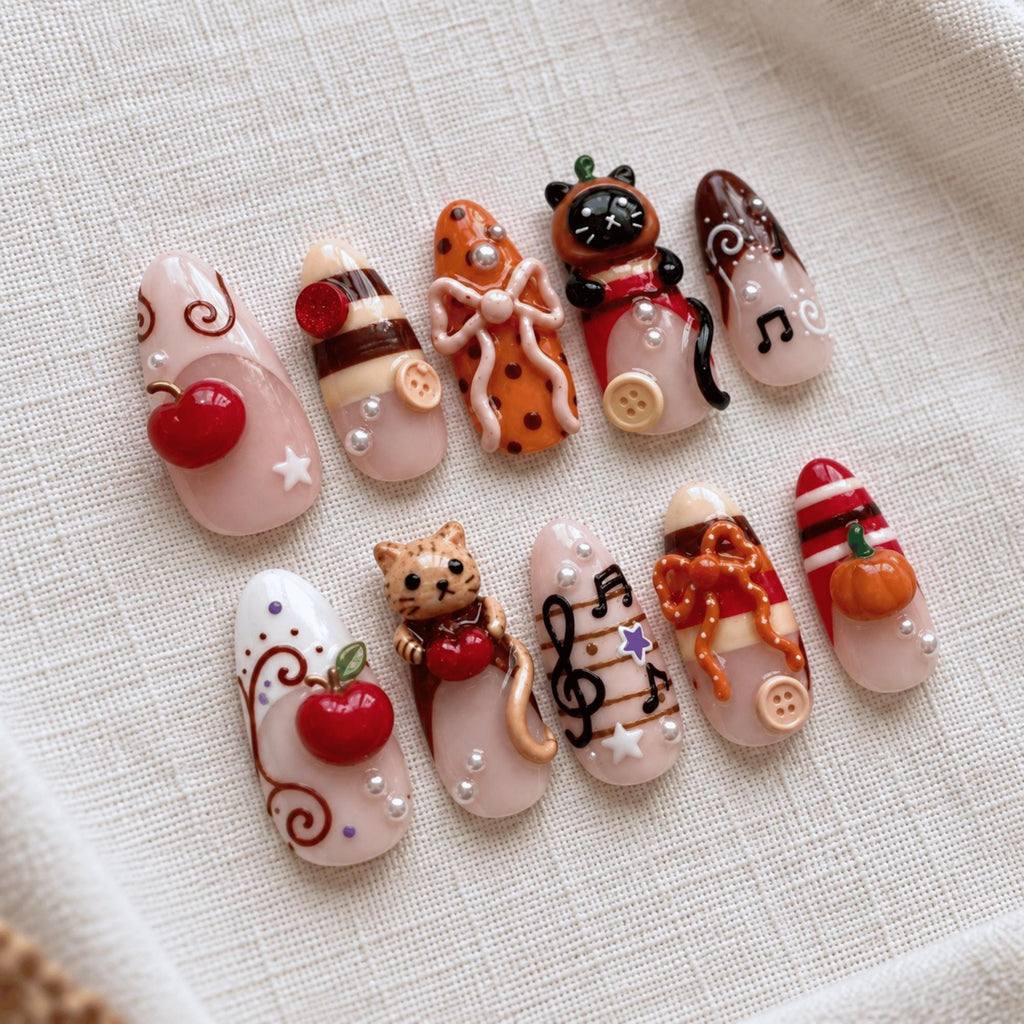 3D Cat Press On Nails, Handmade Fall Apple Nails, Cute Kawaii Nail Art