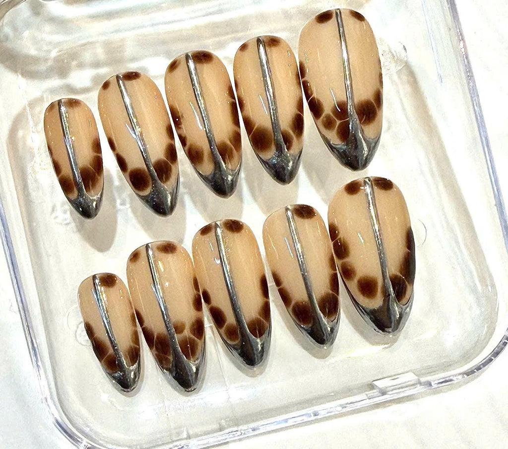 Handmade Tortoiseshell Stiletto Press On Nails, Neutral Chrome Animal Print Set