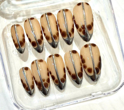Handmade Tortoiseshell Stiletto Press On Nails, Neutral Chrome Animal Print Set