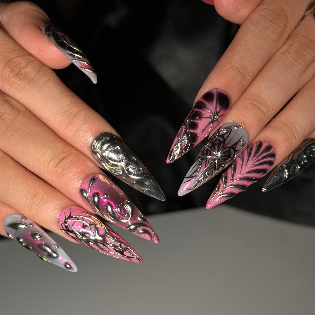 Gothic Press On Nails with Pink Chrome , 3D Spider Web Nails , Dark Glam Stiletto Nails for Hallowee | JB548WI