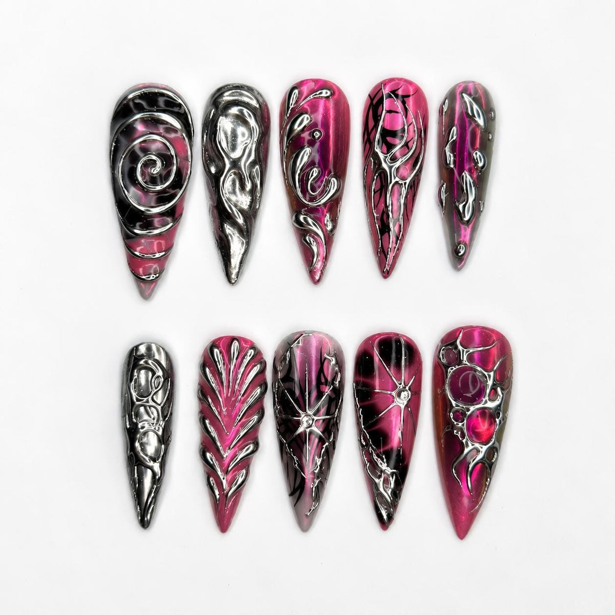 Gothic Press On Nails with Pink Chrome , 3D Spider Web Nails , Dark Glam Stiletto Nails for Hallowee | JB548WI