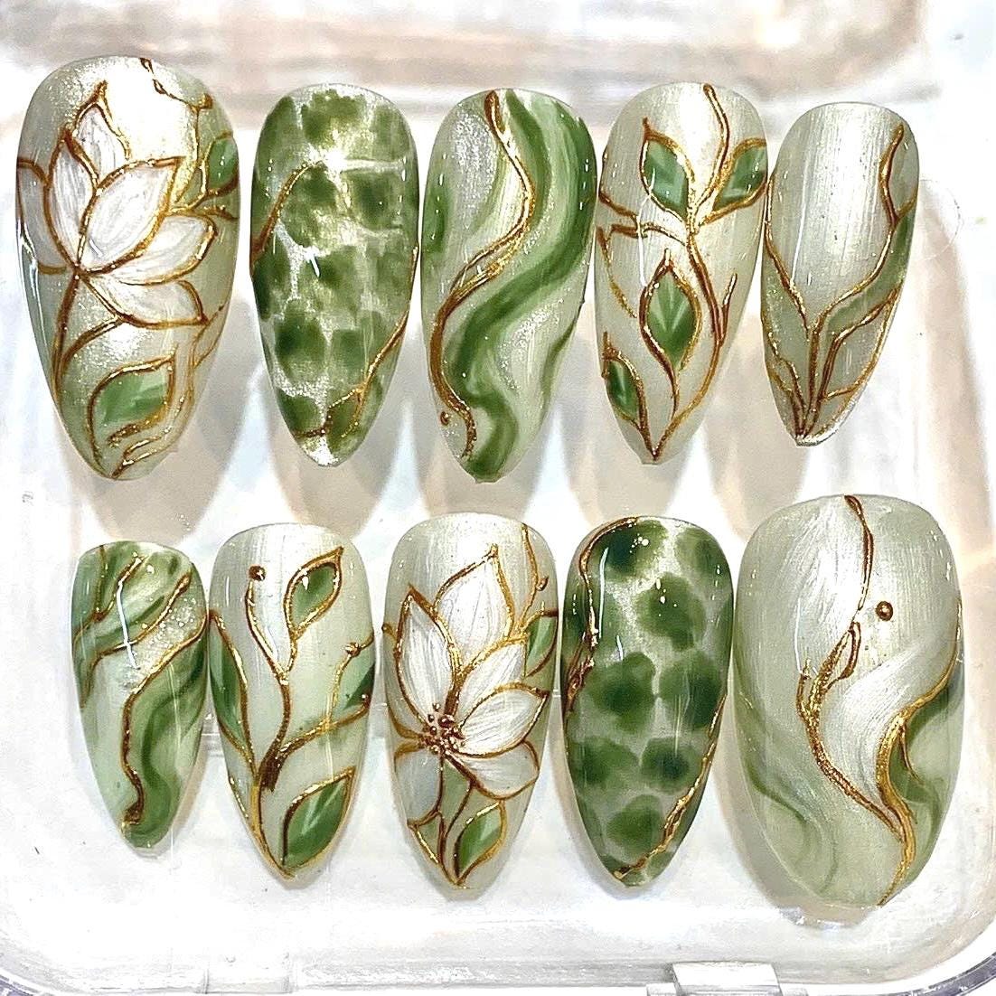 Hand-Painted Sage Green Floral Press-On Nails, Gold Botanical Design Set