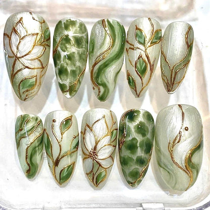 Hand-Painted Sage Green Floral Press-On Nails, Gold Botanical Design Set
