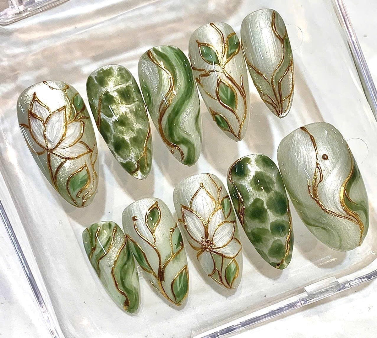 Hand-Painted Sage Green Floral Press-On Nails, Gold Botanical Design Set