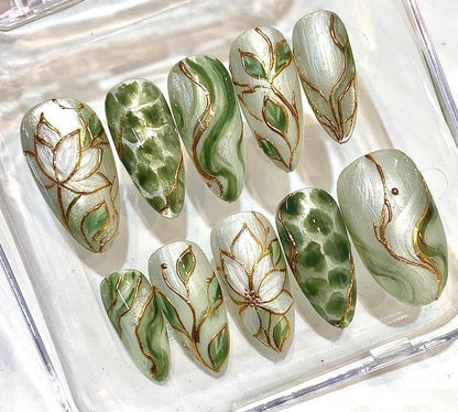 Hand-Painted Sage Green Floral Press-On Nails, Gold Botanical Design Set
