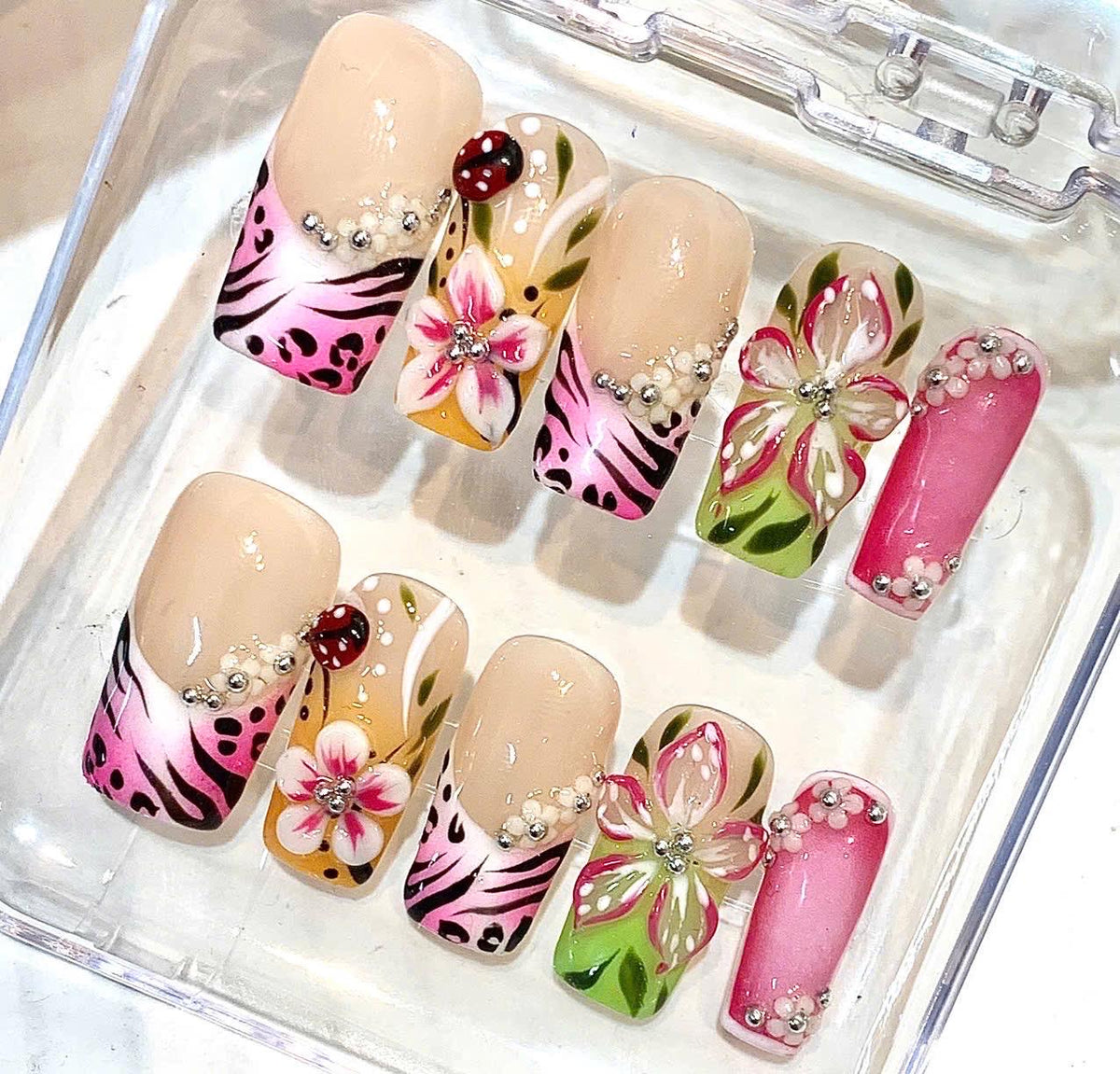 Hand-Painted Pink Floral Garden Square French Tip Nails, 3D Spring Nail Set