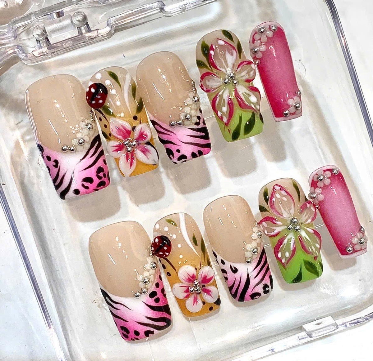 Hand-Painted Pink Floral Garden Square French Tip Nails, 3D Spring Nail Set