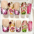Hand-Painted Pink Floral Garden Square French Tip Nails, 3D Spring Nail Set