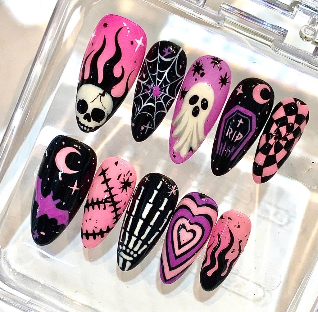 Hand-Painted Gothic Press-On Nails, Pink Purple Halloween Set (Reusable)