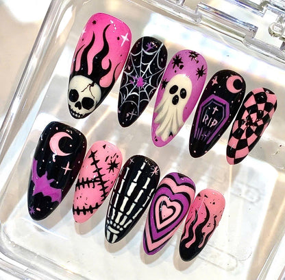 Hand-Painted Gothic Press-On Nails, Pink Purple Halloween Set (Reusable)