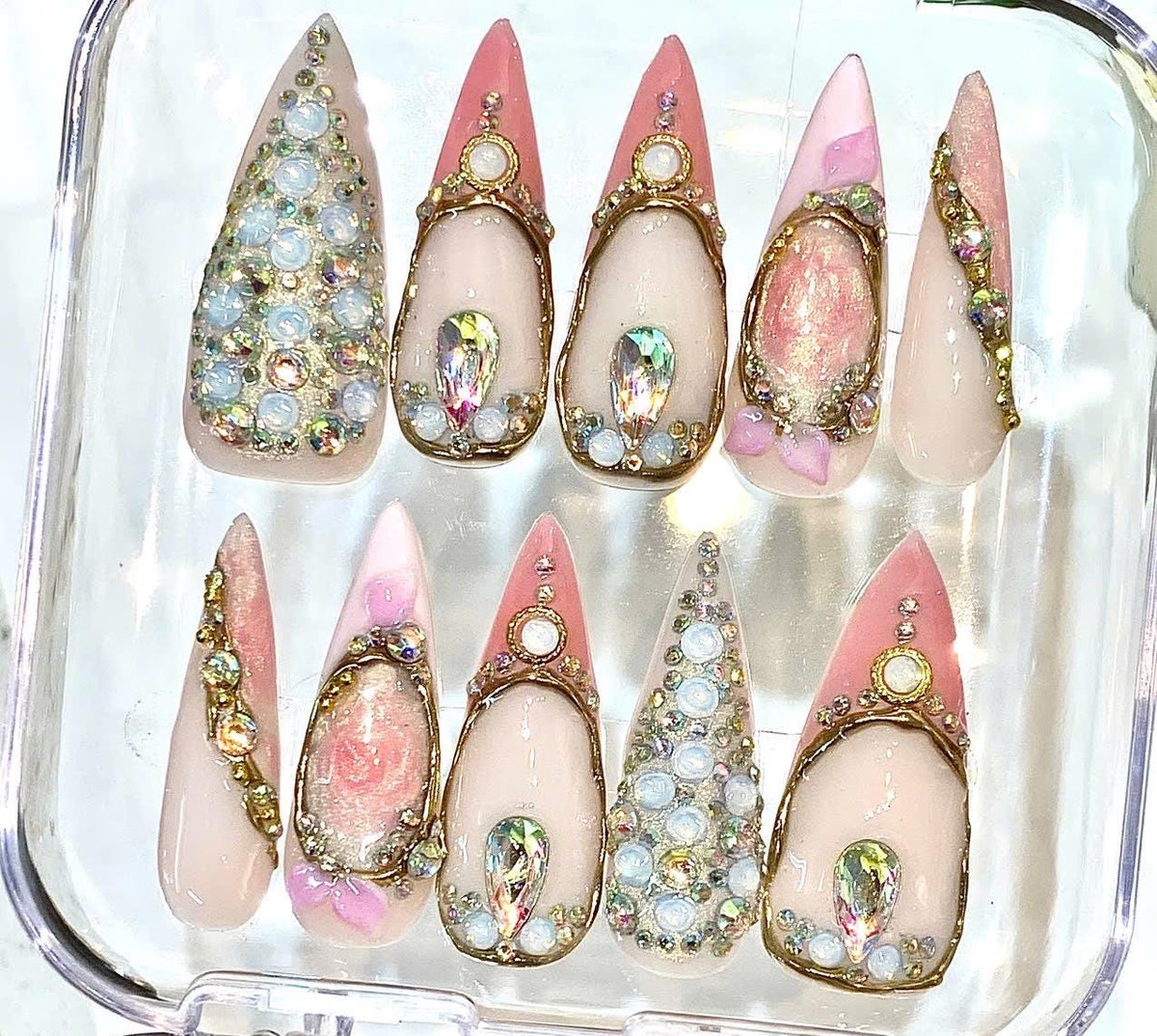 Luxury Pink Press-On Nails, Rhinestone Crystal, Blush Gold Glam Bridal Set