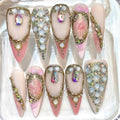 Luxury Pink Press-On Nails, Rhinestone Crystal, Blush Gold Glam Bridal Set
