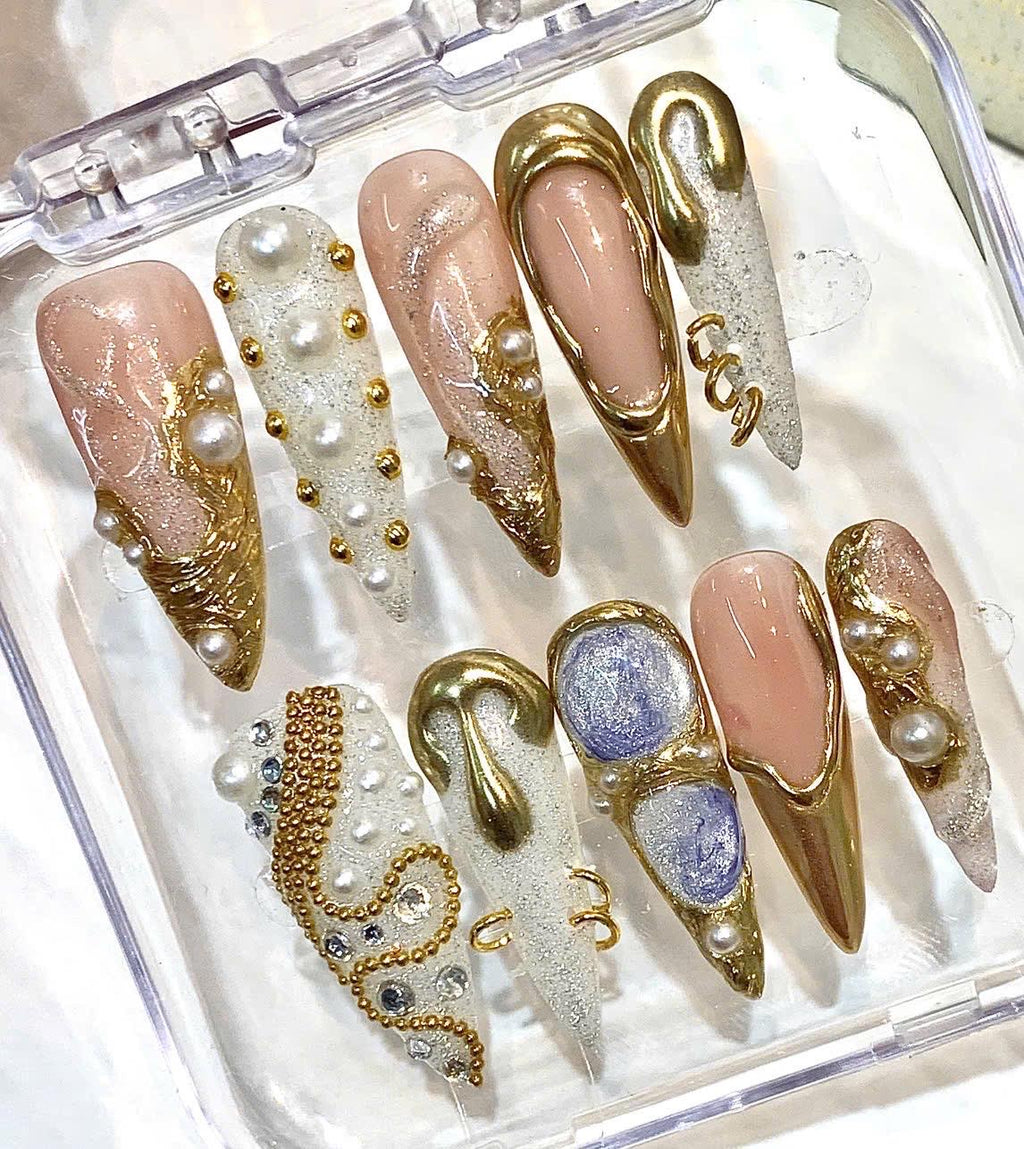 Gold Chrome Press On Nails, Pearl Nude Nails, Luxury 3D Metallic Nails, Rhinestone Glam Nails, Elegant Handmade Stiletto Nail Set