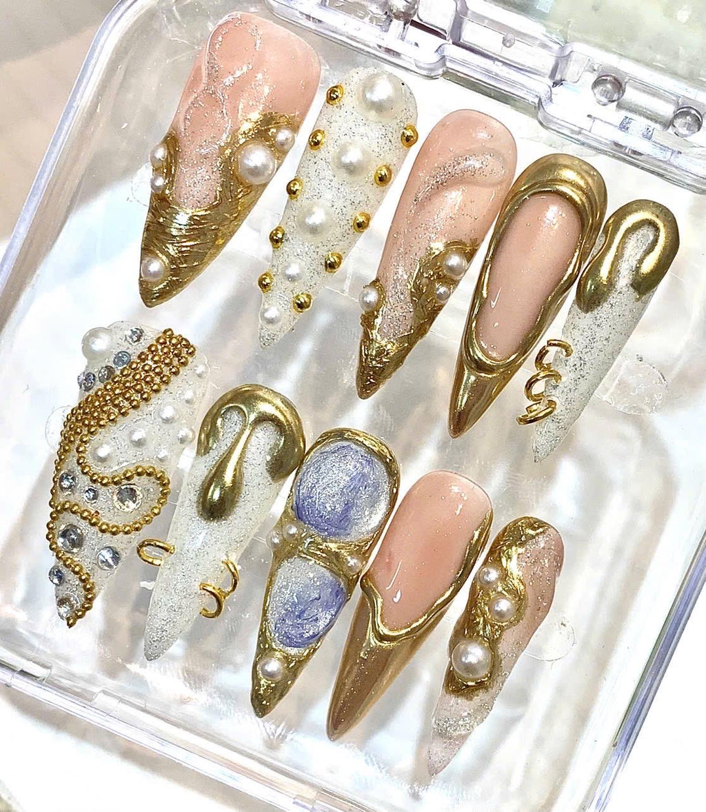 Gold Chrome Press On Nails, Pearl Nude Nails, Luxury 3D Metallic Nails, Rhinestone Glam Nails, Elegant Handmade Stiletto Nail Set