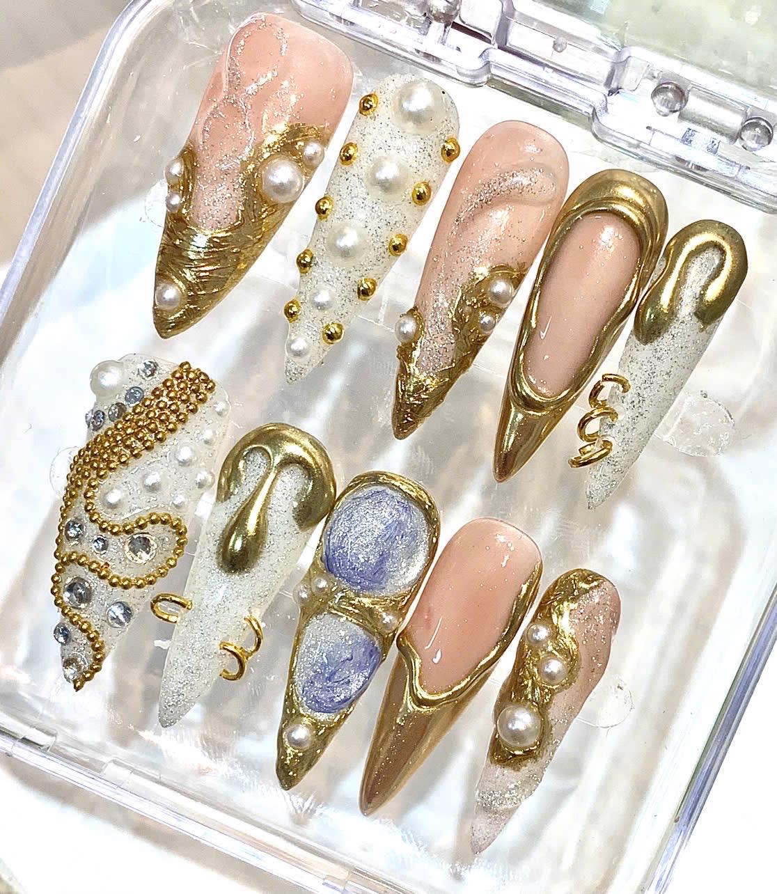 Gold Chrome Press On Nails, Pearl Nude Nails, Luxury 3D Metallic Nails, Rhinestone Glam Nails, Elegant Handmade Stiletto Nail Set