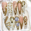Gold Chrome Press On Nails, Pearl Nude Nails, Luxury 3D Metallic Nails, Rhinestone Glam Nails, Elegant Handmade Stiletto Nail Set