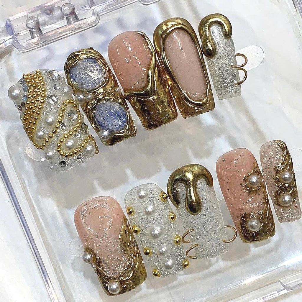 Gold Chrome Press On Nails, Pearl Nude Nails, Luxury 3D Metallic Nails, Rhinestone Glam Nails, Elegant Handmade Stiletto Nail Set