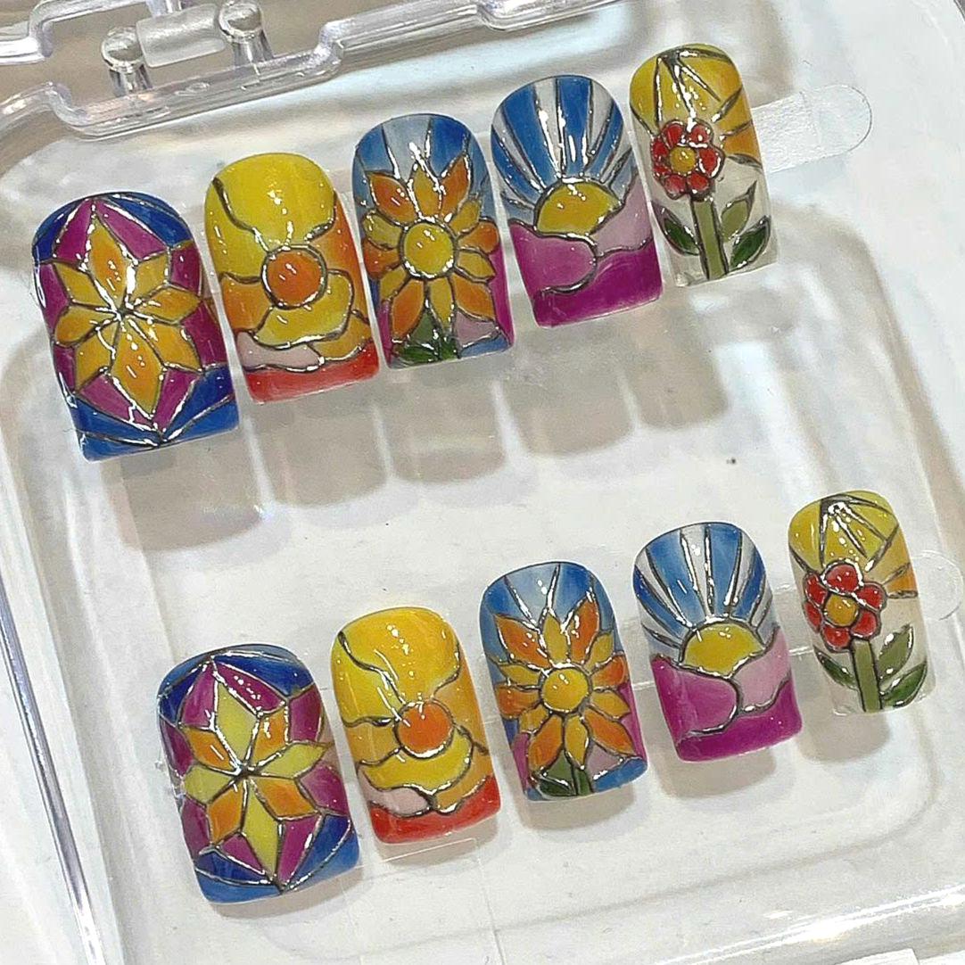 Hand Painted Stained Glass Press On Nails: Flower Sunset Nail Art