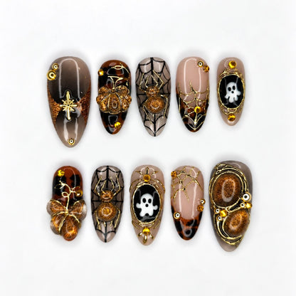 Halloween Press On Nails, Gothic Spider Web Nails, 3D Ghost Nails, Gold Chrome Luxury Nails, Handmade Halloween Nail Set | JB667WC
