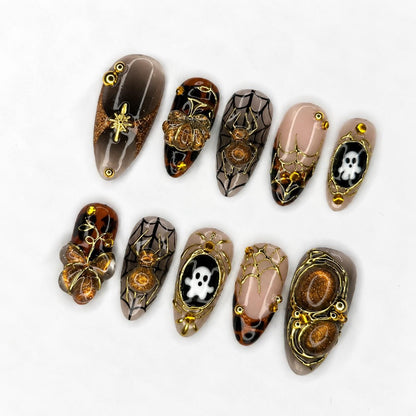 Halloween Press On Nails, Gothic Spider Web Nails, 3D Ghost Nails, Gold Chrome Luxury Nails, Handmade Halloween Nail Set | JB667WC