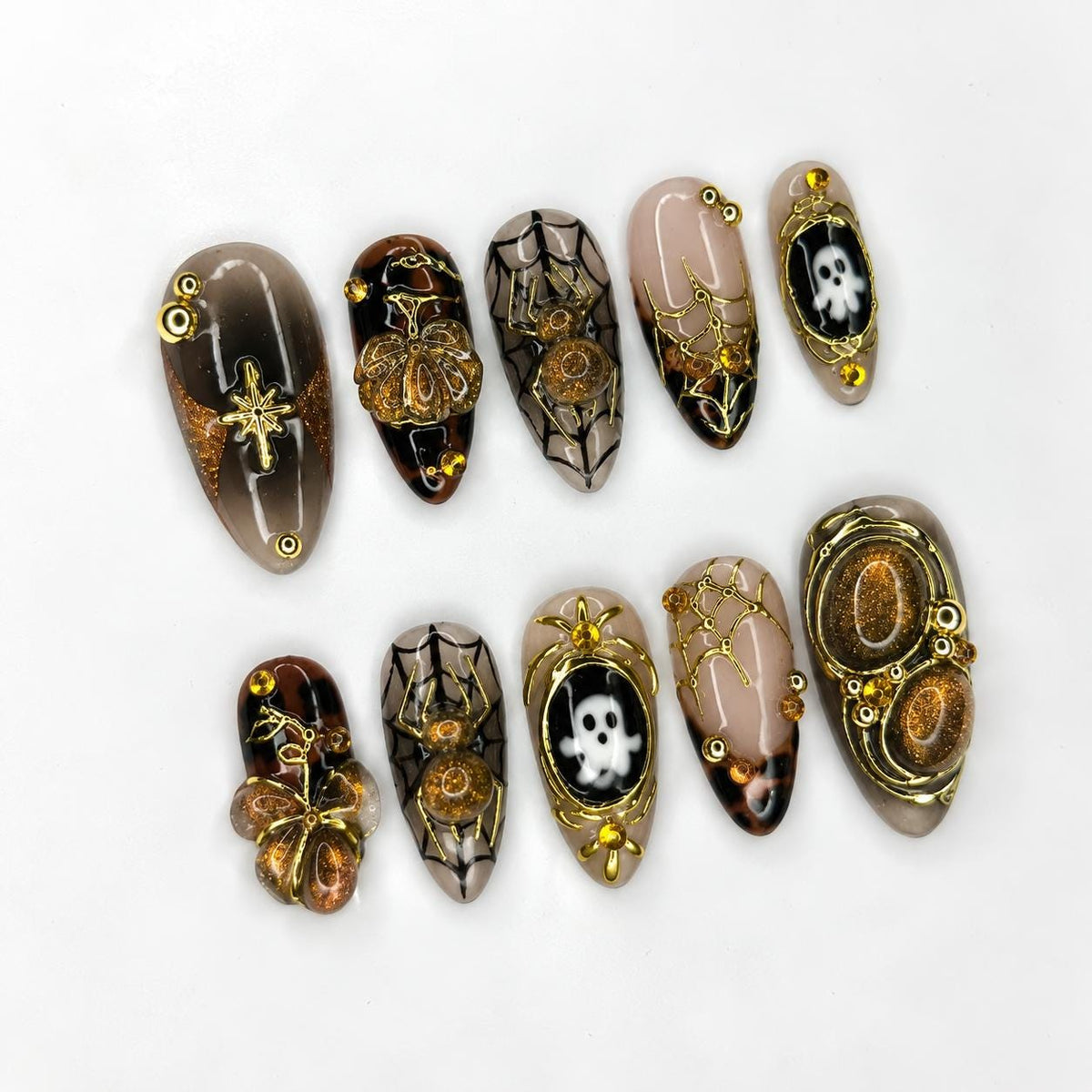 Halloween Press On Nails, Gothic Spider Web Nails, 3D Ghost Nails, Gold Chrome Luxury Nails, Handmade Halloween Nail Set | JB667WC