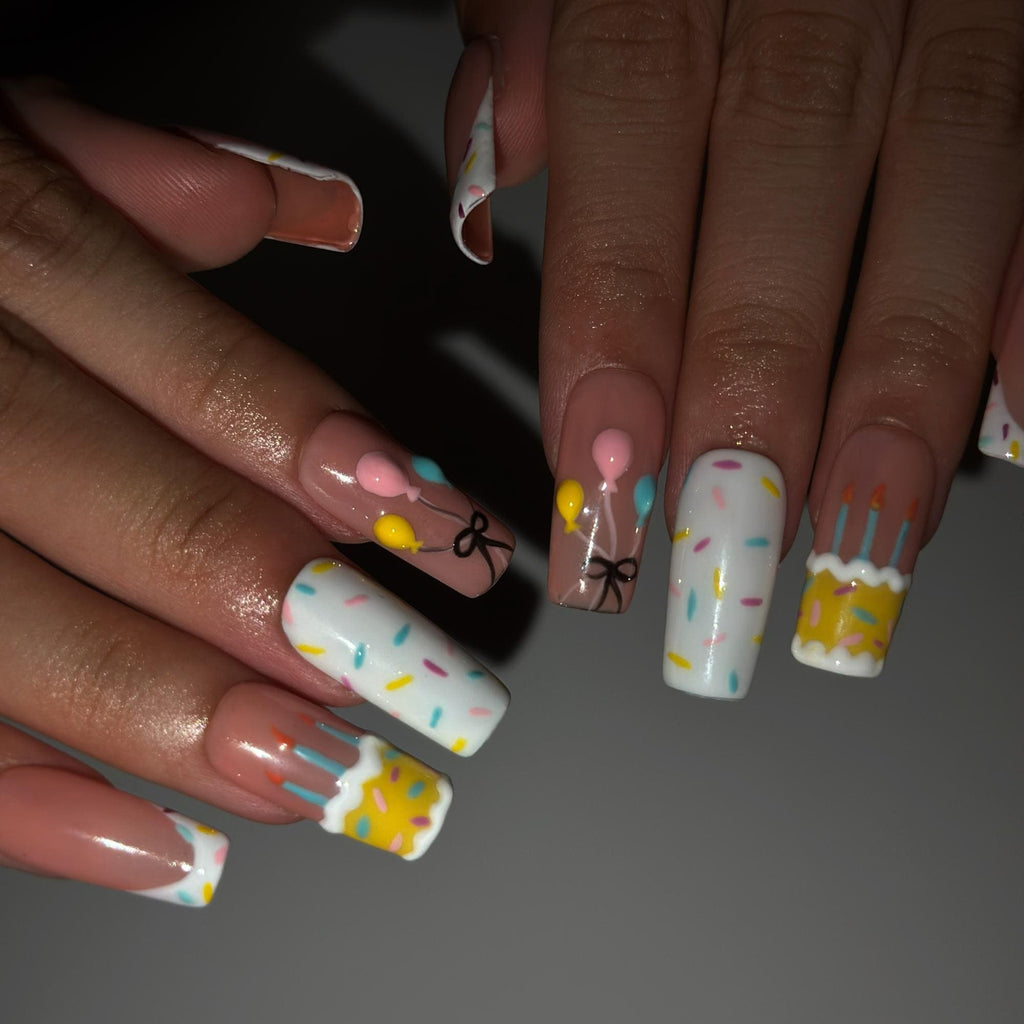 Birthday Press On Nails with Cake and Balloons , Cute Confetti Nail Art , Handmade Party Nails for Birthday Girl  | JB549WA
