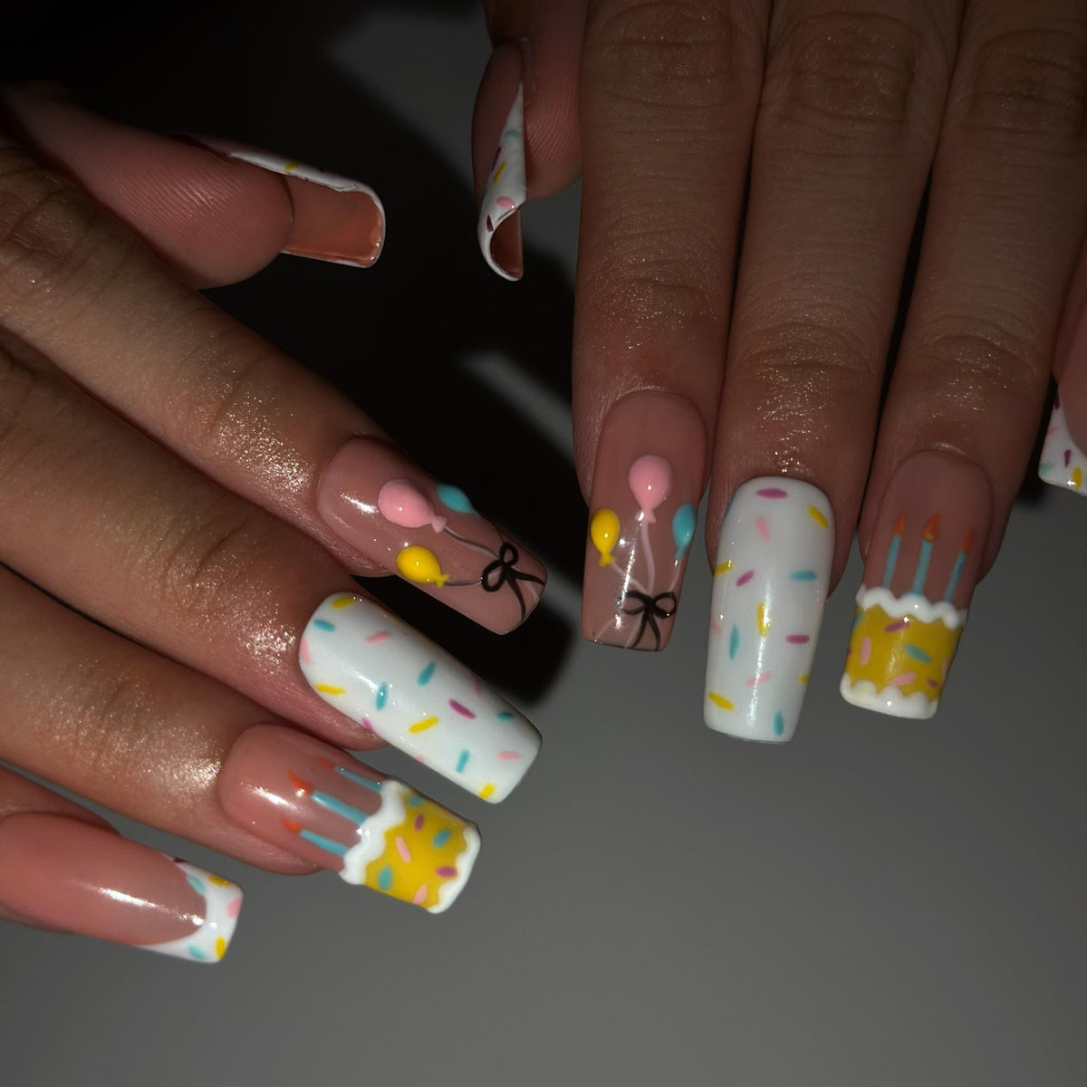 Birthday Press On Nails with Cake and Balloons , Cute Confetti Nail Art , Handmade Party Nails for Birthday Girl  | JB549WA