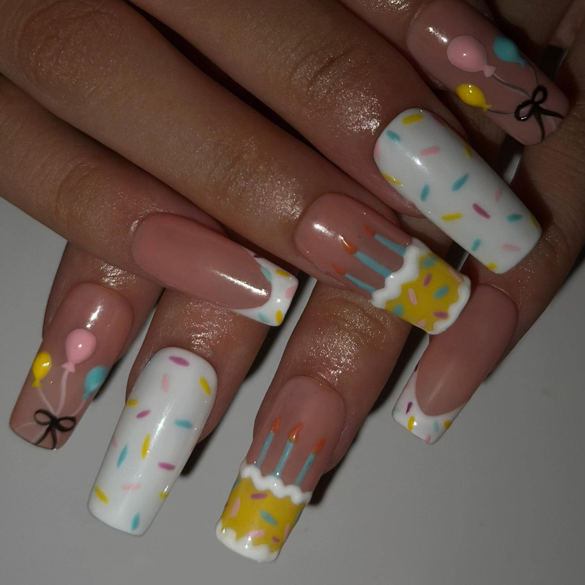Birthday Press On Nails with Cake and Balloons , Cute Confetti Nail Art , Handmade Party Nails for Birthday Girl  | JB549WA