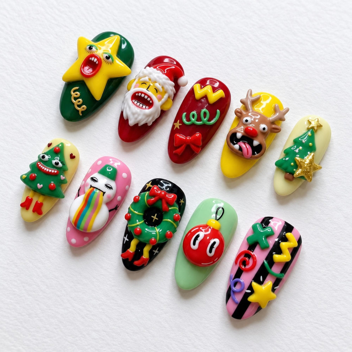 Handmade Kawaii Christmas Press On Nails, Funny Santa Reindeer Nail Set, 3D Tree Wreath & Star Accents, Nails For Whimsical Holiday Vibes