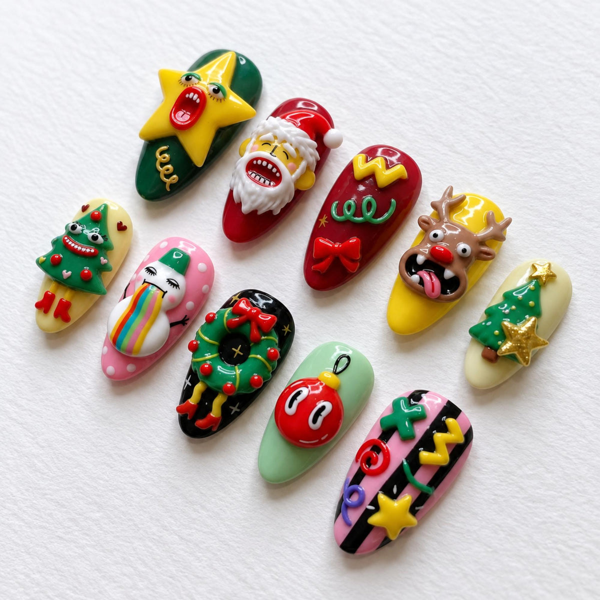 Handmade Kawaii Christmas Press On Nails, Funny Santa Reindeer Nail Set, 3D Tree Wreath & Star Accents, Nails For Whimsical Holiday Vibes
