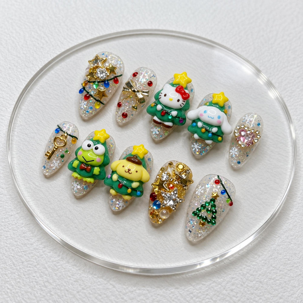 Handmade Kawaii Sanrio Christmas Press On Nails, 3D Hello Kitty Character Nail Set, Tree Star Glitter Accents, Nails For Cute Holiday Vibes